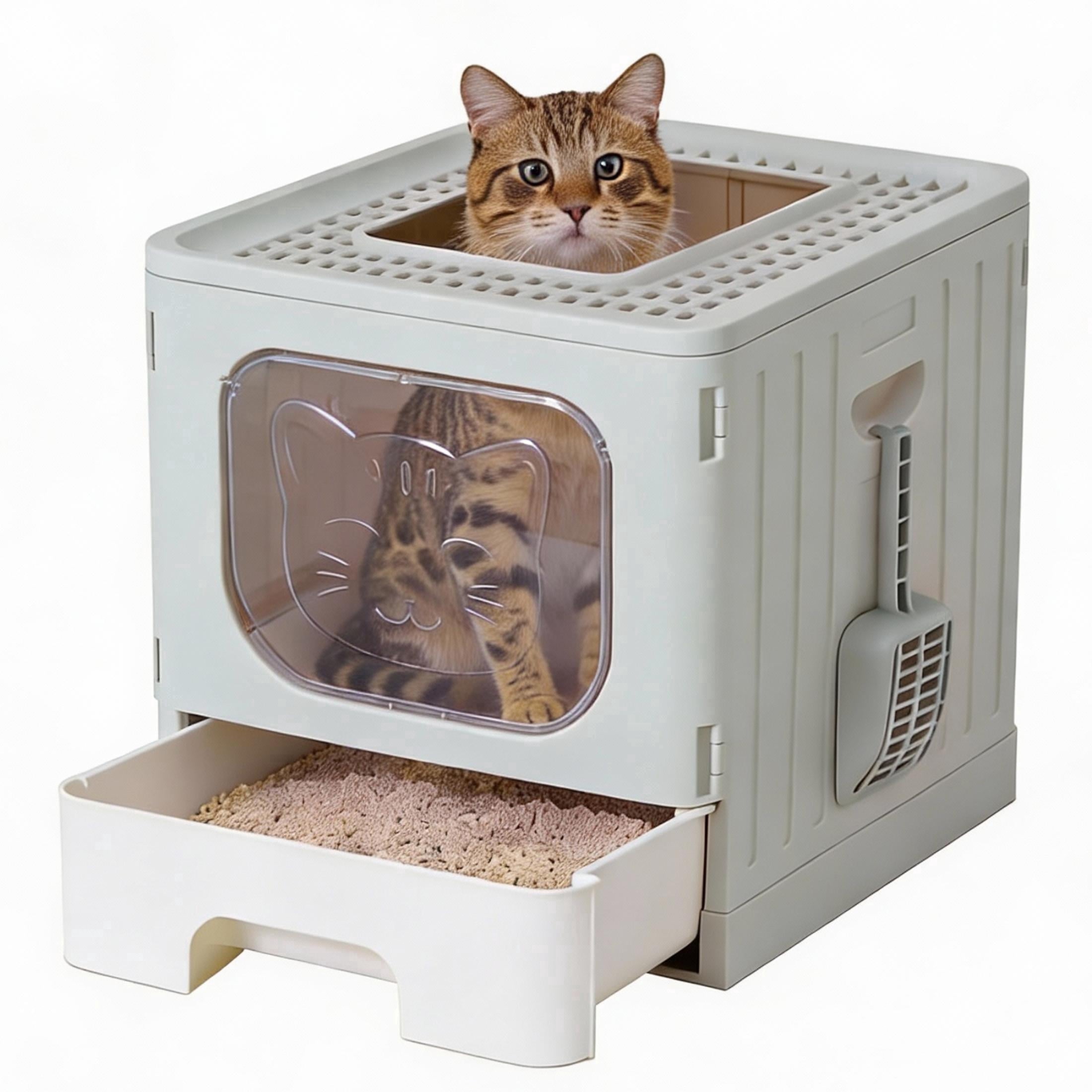 EDX Large Foldable Cat Litter Box with Lid, Enclosed Anti-Splashing Cat Box with Litter Scoop, Front Entry Top Exit Kitty Litter Box with Door, Drawer Design, Easy Cleaning & Odor Control, Gray