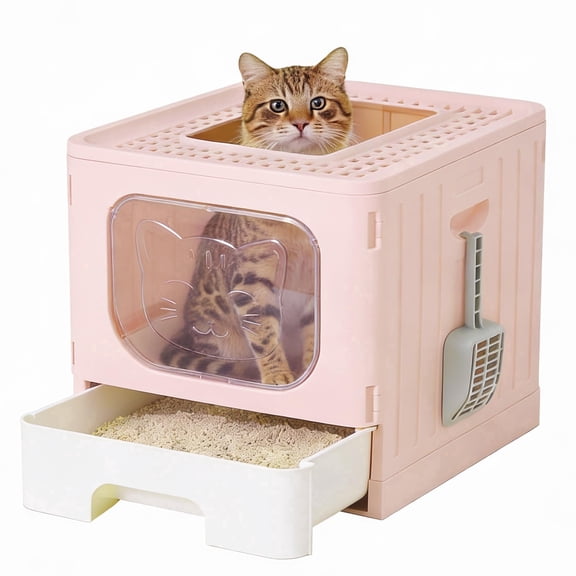 EDX Large Foldable Cat Litter Box with Lid, Enclosed Anti-Splashing Cat Box with Litter Scoop, Front Entry Top Exit Kitty Litter Box with Door, Drawer Design, Easy Cleaning & Odor Control, Pink