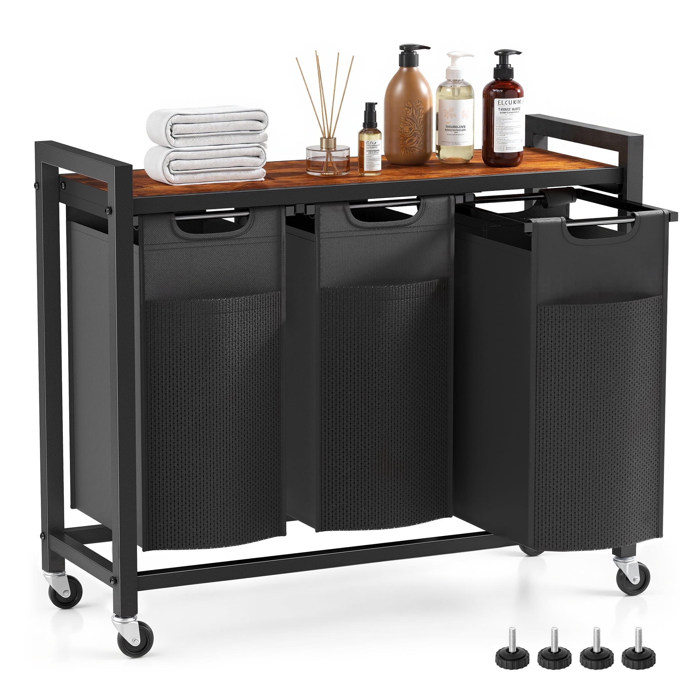 edx Laundry Hamper with 3 Pull-Out Removable Laundry Bags Clothing Sorter with Shelf and Wheels(Adjustable feet), 3 x 8.6 Gallons (32.5 Liters) for Laundry Rooms, Bathrooms and Dorms