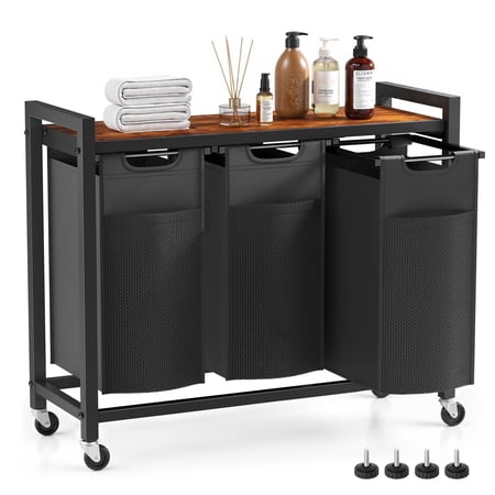 edx Laundry Hamper with 3 Pull-Out Removable Laundry Bags Clothing Sorter with Shelf and Wheels(Adjustable feet), 3 x 8.6 Gallons (32.5 Liters) for Laundry Rooms, Bathrooms and Dorms