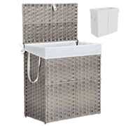 edx Laundry Basket with Lid, 110 L Hand-Woven Pp Rattan Laundry Basket with Compartments & Handles, Foldable, Removable Liner, Gray