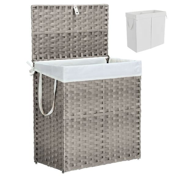 edx Laundry Basket with Lid, 110 L Hand-Woven Pp Rattan Laundry Basket with Compartments & Handles, Foldable, Removable Liner, Gray
