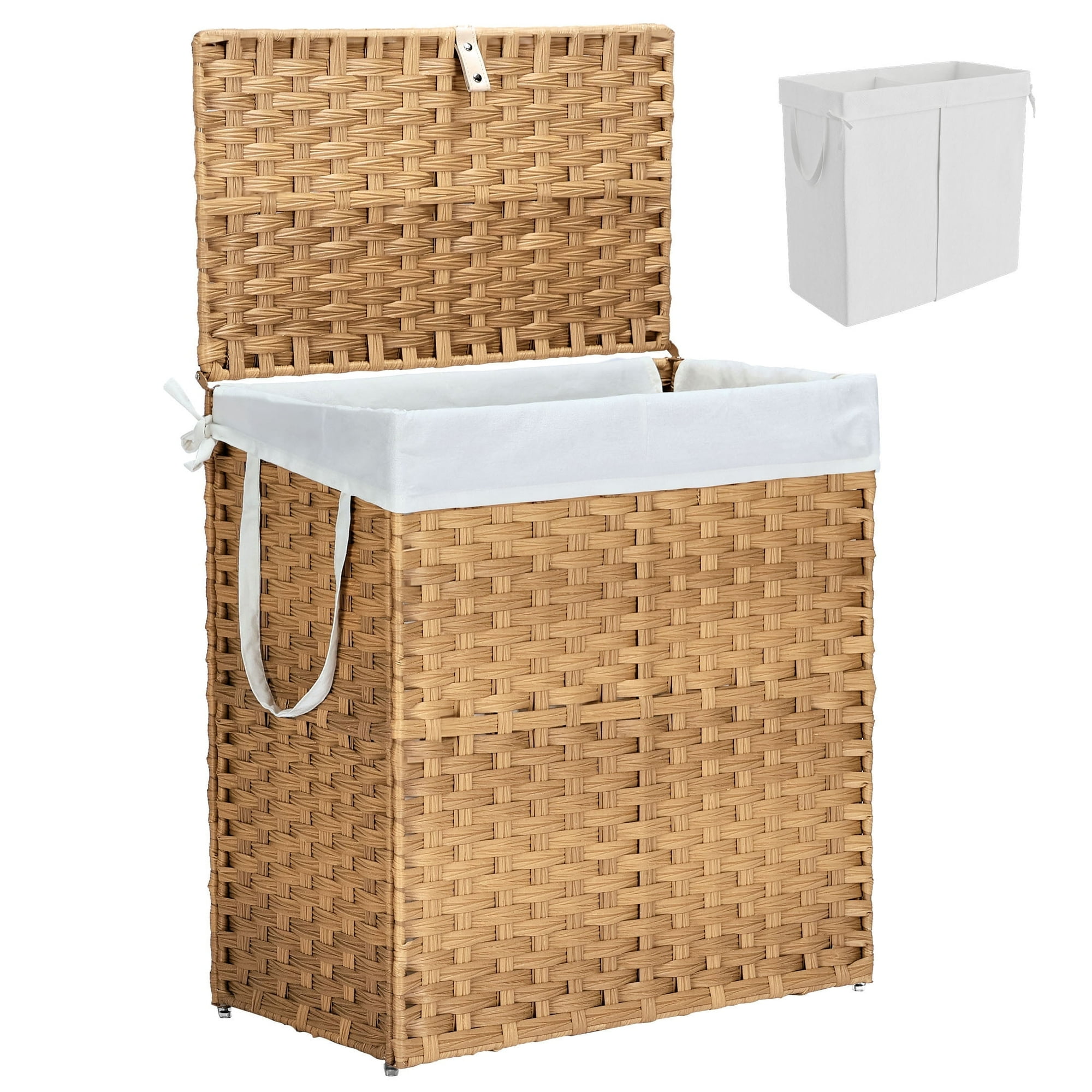 edx Laundry Basket with Lid, 110 L Hand-Woven Pp Rattan Laundry Basket with Compartments & Handles, Foldable, Removable Liner, Natural