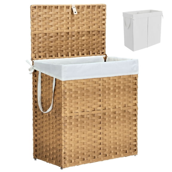 edx Laundry Basket with Lid, 110 L Hand-Woven Pp Rattan Laundry Basket with Compartments & Handles, Foldable, Removable Liner, Natural