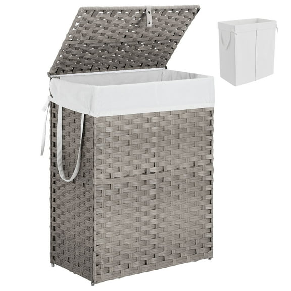 edx Laundry Basket with Lid, 90 L Hand-Woven PP Rattan Laundry Basket with Handle, Foldable, Removable Liner, Gray