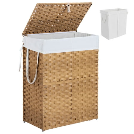 edx Laundry Basket with Lid, 90 L Hand-Woven PP Rattan Laundry Basket with Handle, Foldable, Removable Liner, Natural