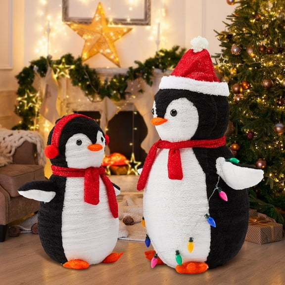 edx Lighted Penguin Family 2-Piece Set, Collapsible Christmas Decor with 150 LED Lights, Indoor Outdoor Ornament for Yard, Lawn, Patio - Red