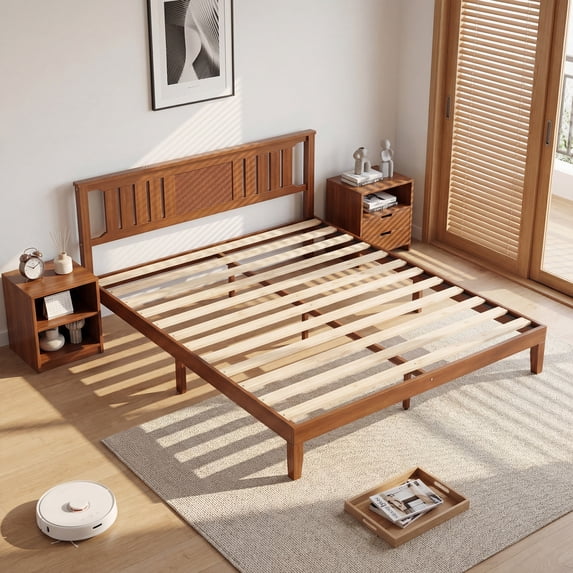 edx Mid Century Solid Wood Platform Bed with Headboard, King Size Bed Frame with Wood Slat Support, No Box Spring Needed, Walnut Finish