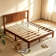 edx Mid Century Solid Wood Platform Bed with Headboard, Queen Size Bed Frame with Wood Slat Support, No Box Spring Needed, Walnut Finish