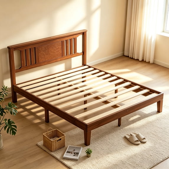 edx Mid Century Solid Wood Platform Bed with Headboard, Queen Size Bed Frame with Wood Slat Support, No Box Spring Needed, Walnut Finish