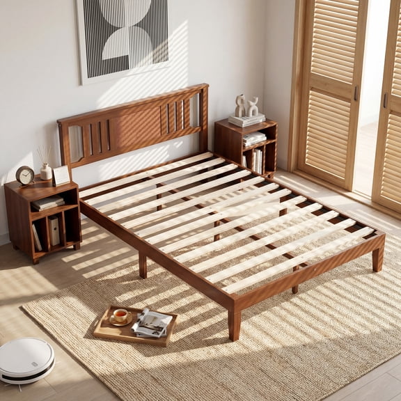 edx Mid Century Solid Wood Platform Bed with Headboard, Queen Size Bed Frame with Wood Slat Support, No Box Spring Needed, Walnut Finish