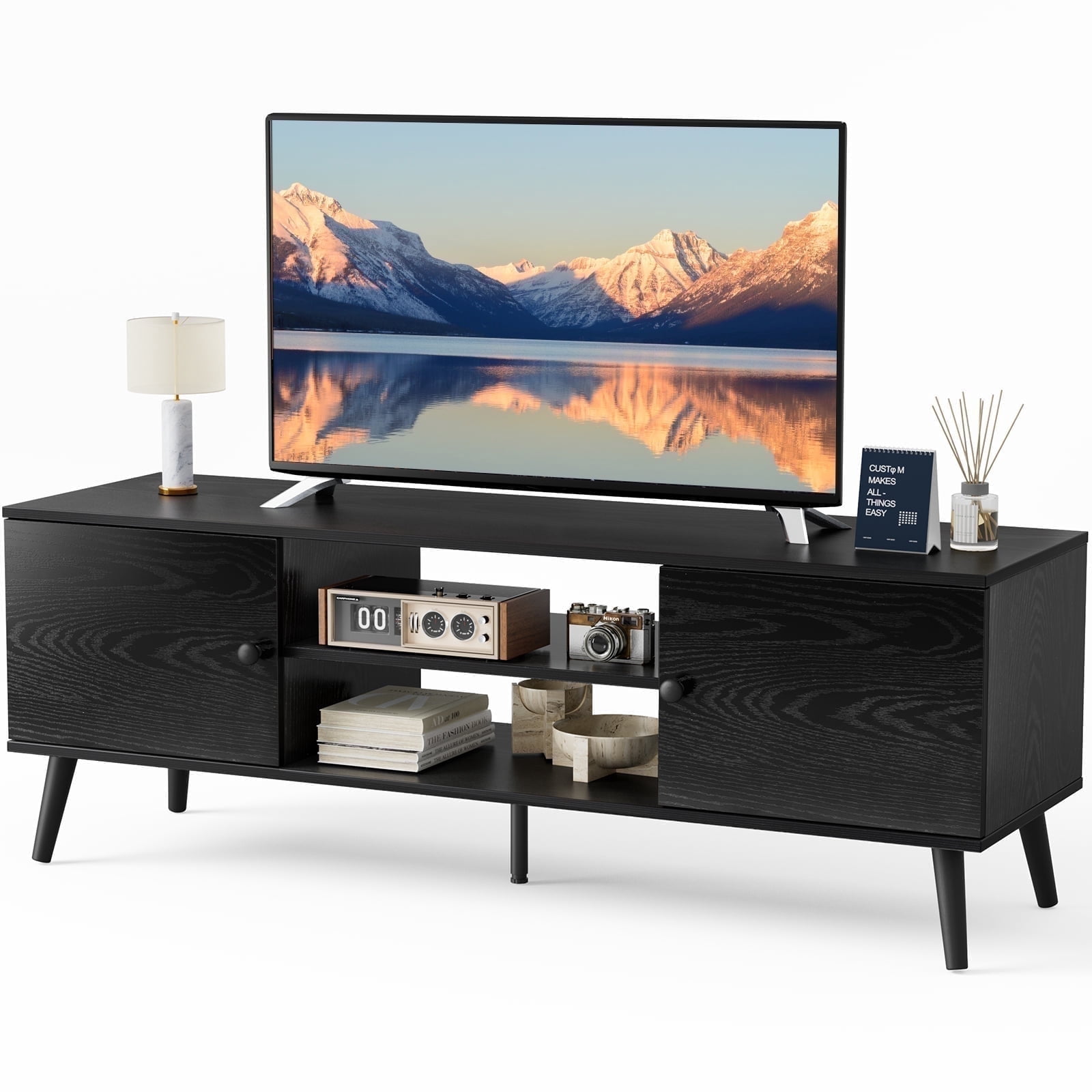edx TV Stand for 55-60 inch TV, Mid Century Entertainment Centre, Modern Media Console Table with Storage for Living Room, Black