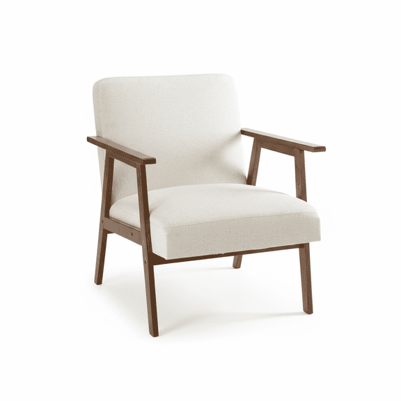 edx Mid-Century Modern Accent Chair with Solid Wooden Frame, Upholstered Faux Leather, Adjustable Foot Rails, Comfy Reading Chair for Living Room, Bedroom, Home Office,Beige