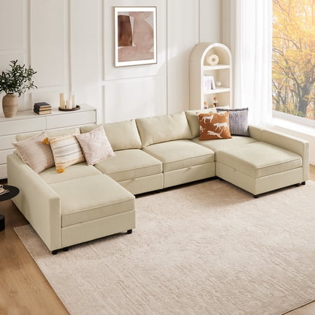 edx Modular Sectional Sofa, 6 Seat Convertible Oversized U Shaped Sofa Couch with Storage Ottomans, Beige
