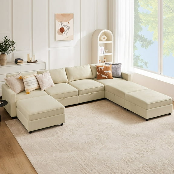 CONCETTA Modular Sectional Sofa, 7 Seat Convertible Oversized U Shaped Sofa Couch with Storage Ottomans, Beige