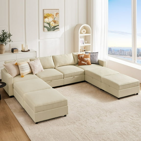 edx Modular Sectional Sofa, 8 Seat Convertible Oversized U Shaped Sofa Couch with Storage Ottomans, Beige