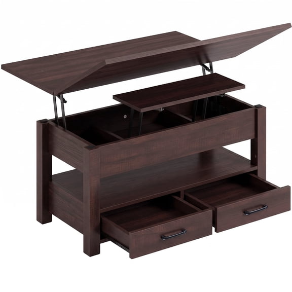 edx Multi-Function Convertible Coffee Table with 2 Drawers and Ample Hidden Compartment, Adjustable Lift Top Converts to Dining Table, Farmhouse Table for Living Room Home Office, Brown
