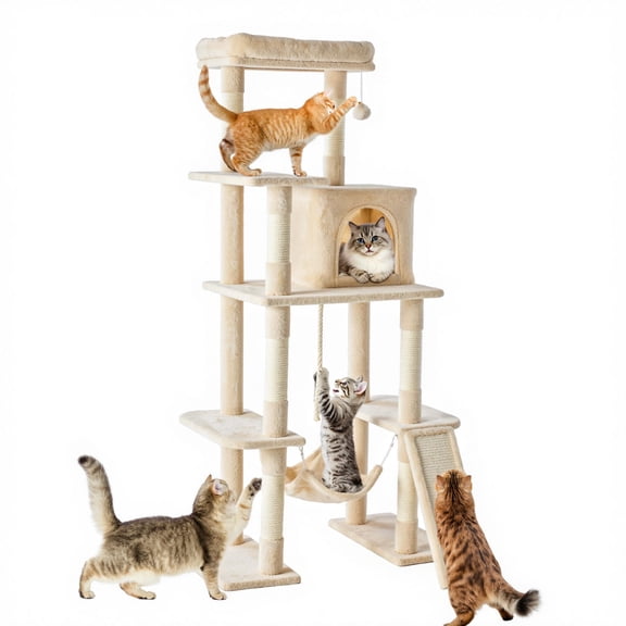 EDX 63" Cat Tree Tower for Indoor Cats, Multi-Level Durable Cat Climbing Tower, Large Pet House with Natural Sisal Scratching Post, Cozy Condo, Extended Platform, Kitten Toy and Hammock, Beige
