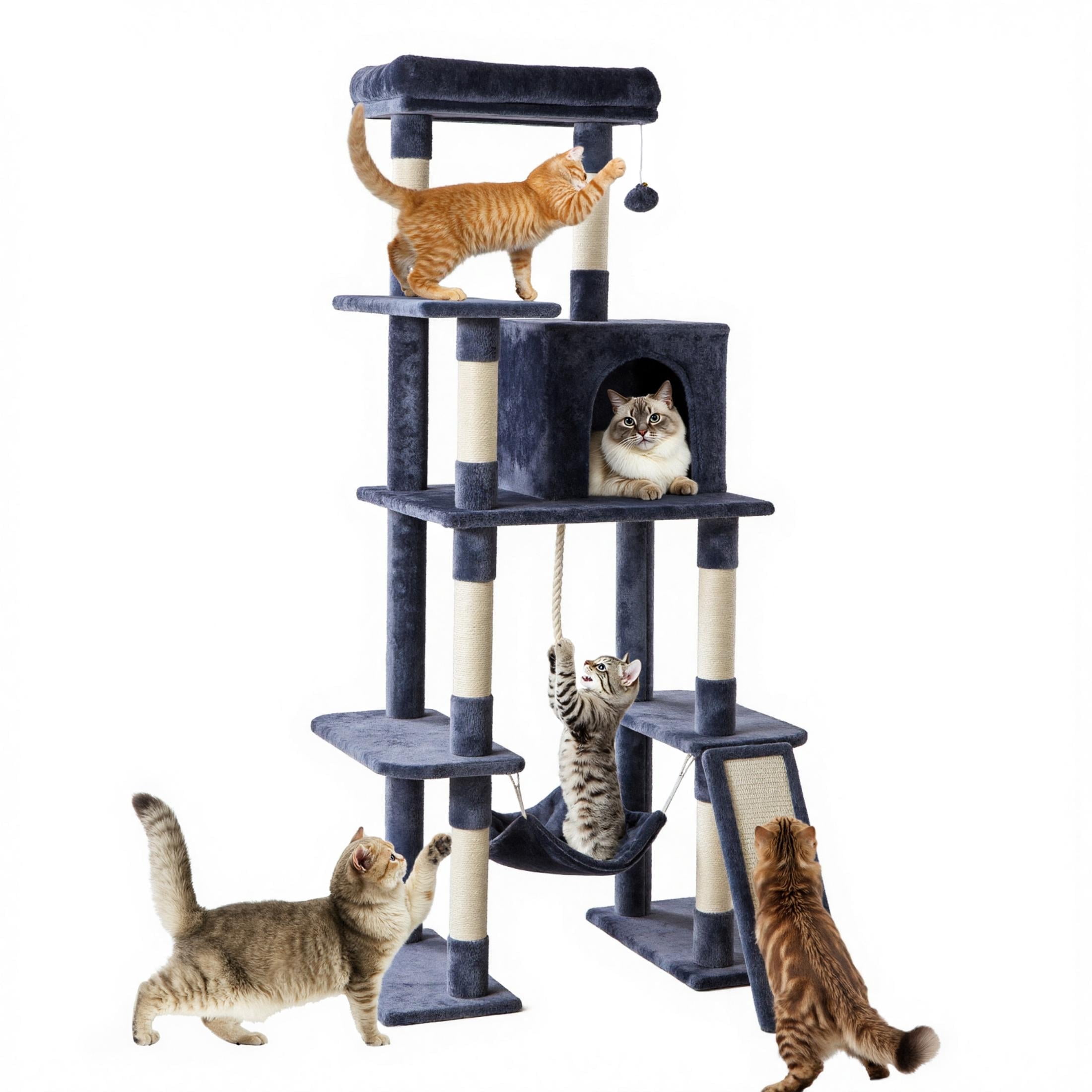 EDX 63" Cat Tree Tower for Indoor Cats, Multi-Level Durable Cat Climbing Tower, Large Pet House with Natural Sisal Scratching Post, Cozy Condo, Extended Platform, Kitten Toy and Hammock, Dark Blue