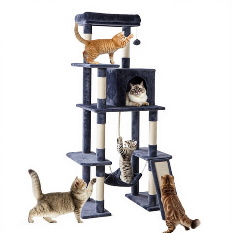 EDX 63" Cat Tree Tower for Indoor Cats, Multi-Level Durable Cat Climbing Tower, Large Pet House with Natural Sisal Scratching Post, Cozy Condo, Extended Platform, Kitten Toy and Hammock, Dark Blue