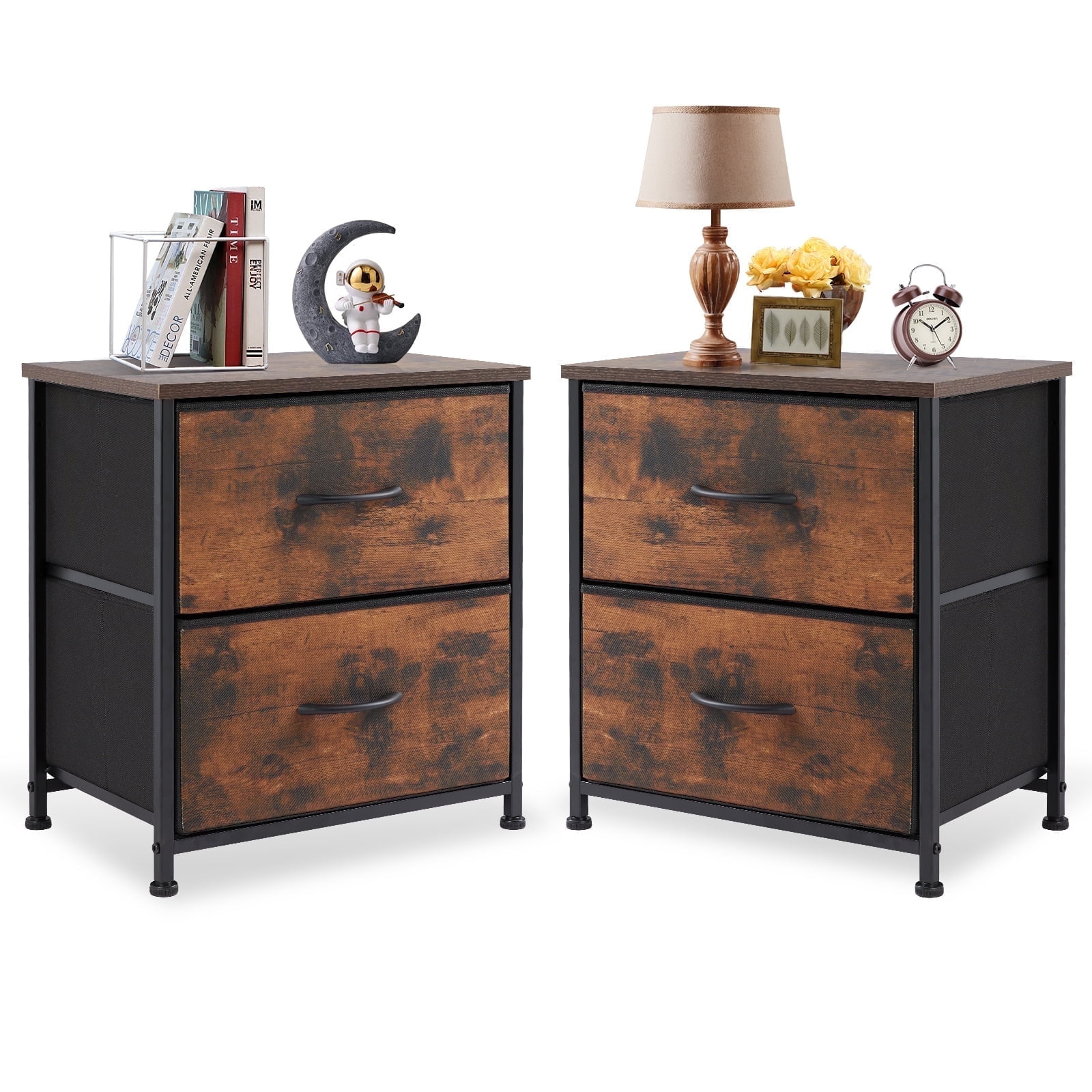 edx Nightstand Set of 2, End Table Side Table with 2 Fabric Drawers Bedside Table for Bedroom, Closet, Dorm, Rustic Brown