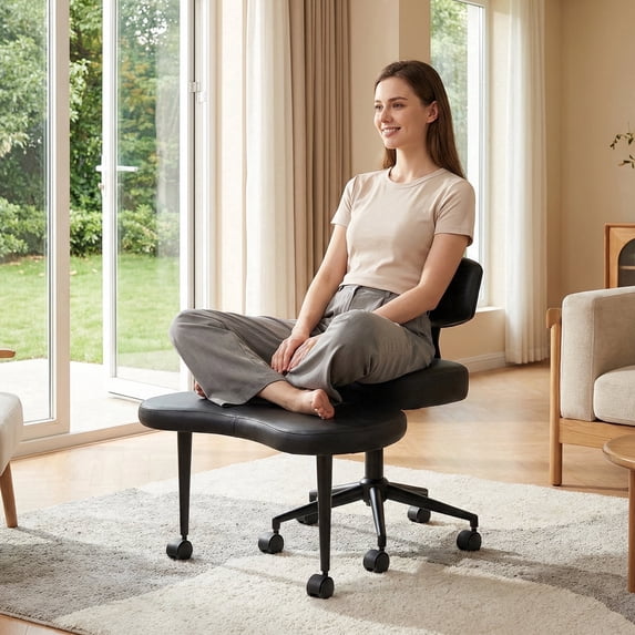 EDX Ergonomic Cross Legged Swivel Chair, Adjustable Height Meditation Chair with Back Support & 360° Rotating Footrest, Rolling Floor Chair for Home Office Focus Seating, Dark Black