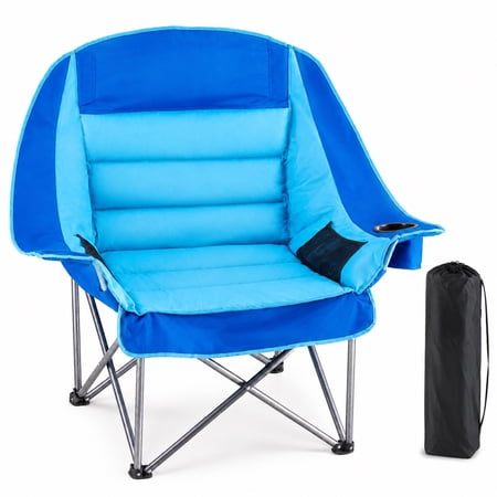 edx Oversized Heavy Duty Camping Chair, 500 lbs Capacity, Foldable Outdoor Seat with Cup Holder & Side Pockets, Portable Lawn Seat for Outdoor Activities, Blue
