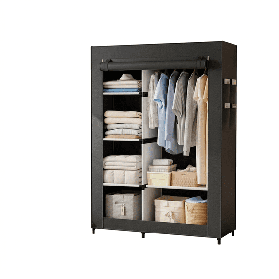 edx Portable Closet Wardrobe with Cover, 40 inch Heavy Duty Clothes Storage Organizer with Shelves and Hanging Rod for Bedroom, Living Room, Entryway,Black