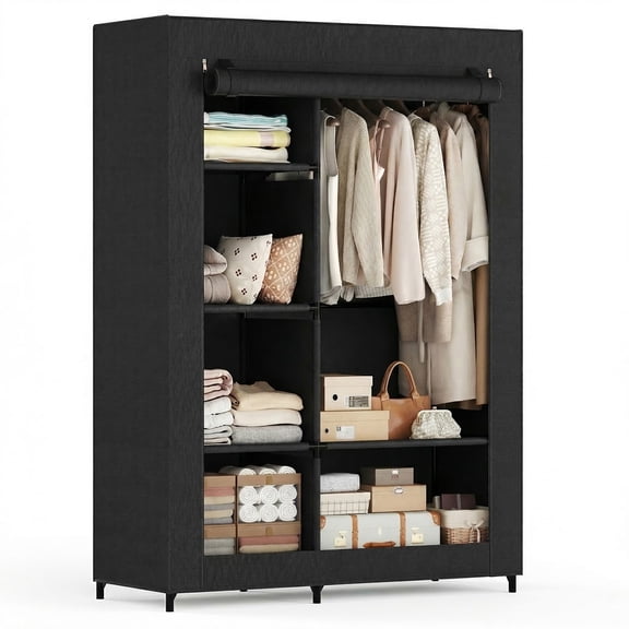 edx Portable Closet Wardrobe with Cover, 40 inch Heavy Duty Clothes Storage Organizer with Shelves and Hanging Rod for Bedroom, Living Room, Entryway,Black