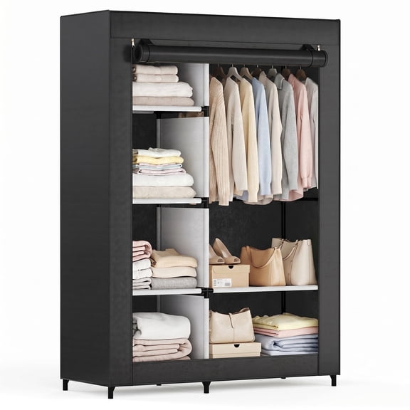 edx Portable Closet Wardrobe with Cover, 40 inch Heavy Duty Clothes Storage Organizer with Shelves and Hanging Rod for Bedroom, Living Room, Entryway,Black