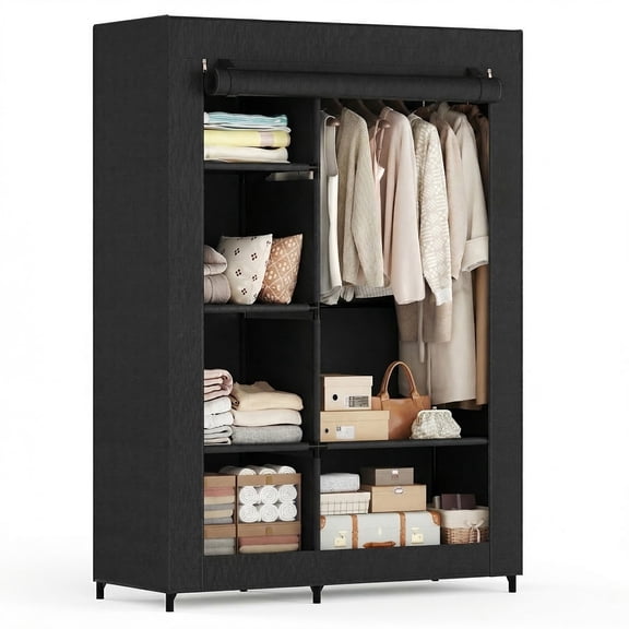 edx Portable Closet Wardrobe with Cover, 40 inch Heavy Duty Clothes Storage Organizer with Shelves and Hanging Rod for Bedroom, Living Room, Entryway,Black