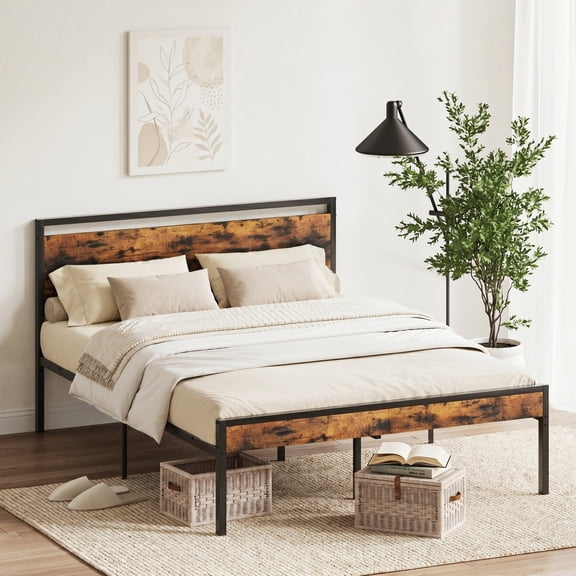 edx Queen Bed Frame, Heavy Duty Metal Platform Bed with Wooden Headboard, 1000-LB Capacity, Under-Bed Storage, No Box Spring Needed, Rustic Brown