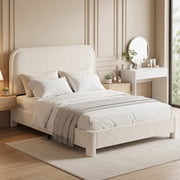 edx Queen Upholstered Platform Bed Frame, 2‑Height Adjustable Teddy Fleece Headboard, Wooden Slats Support, No Box Spring Needed, Beige