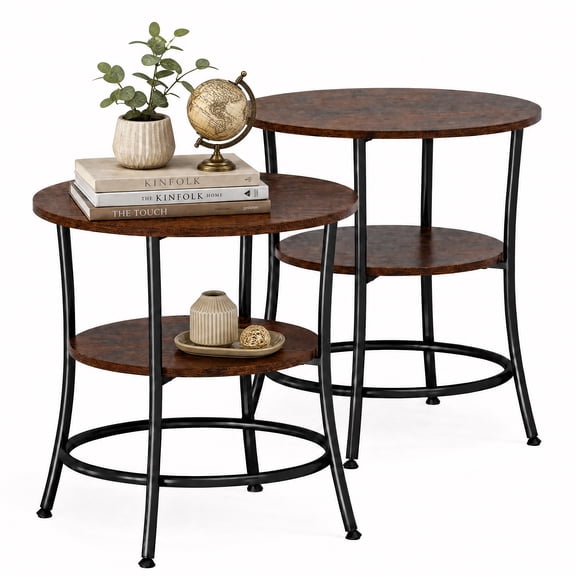 edx Set of 2 2‑Tier Round Side Table Nightstand, Steel Frame, Antiqued Wood Grain for Living Room & Bedroom Small Spaces