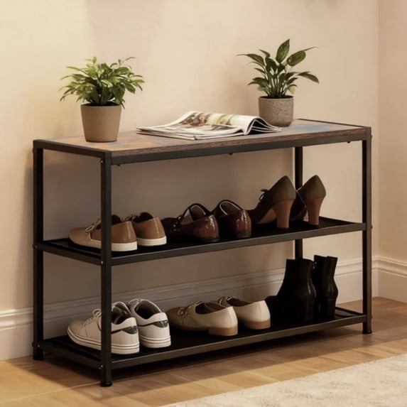 edx 3-Tier Industrial Shoe Rack Bench, 28.3 inches Entry Bench with Mesh Shelves, Red