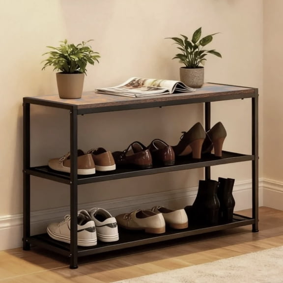edx Shoe Rack Bench, 3-Tier Industrial Shoe Storage Organizer, 28.3inches Entry Bench with Mesh Shelves for Living Room, Entryway, Rustic Brown