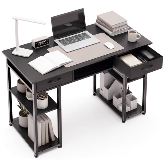 edx 48 Inch Office Desk with 2 Drawers, Spacious Writing Desk with Storage Shelves, Modern Computer Table for Home Office,Study and Work,Balck