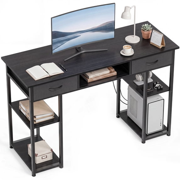 edx Small Desk with Fabric Drawers & Storage Shelves, 48 Inch Computer Desk Modern Writing Desk Study Table for Home Office, Balck
