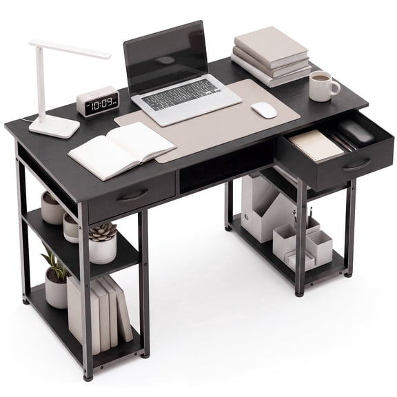 edx 48 Inch Office Desk with 2 Drawers, Spacious Writing Desk with Storage Shelves, Modern Computer Table for Home Office,Study and Work,Balck