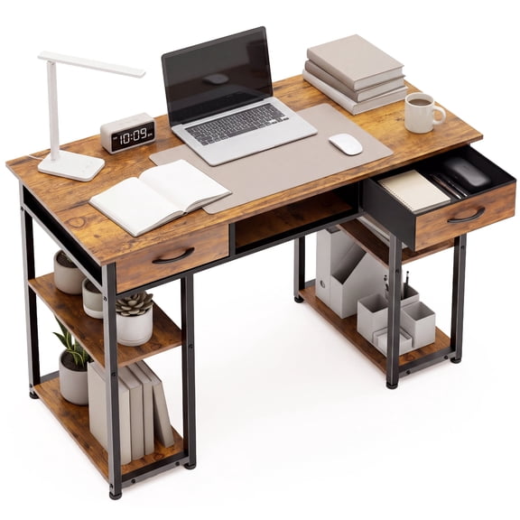 edx 48 Inch Office Desk with 2 Drawers, Spacious Writing Desk with Storage Shelves, Modern Computer Table for Home Office,Study and Work,Brown Rust