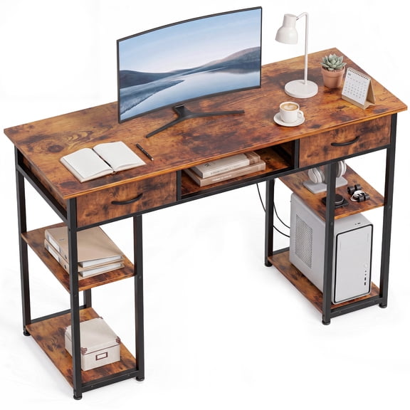 edx Small Desk with Fabric Drawers & Storage Shelves, 48 Inch Computer Desk Modern Writing Desk Study Table for Home Office, Brown Rust