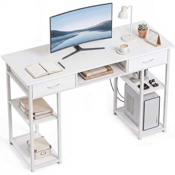 edx Small Desk with Drawers & Storage Shelves, 48 Inch Computer Desk Modern White Desk Gaming Writing Desk Study Table for Home Office, White