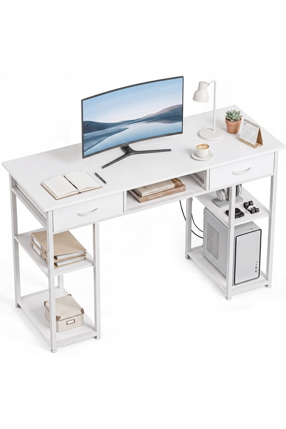 Small Desk with Drawers & Storage Shelves, 48 Inch Computer Desk Modern White Desk Gaming Writing Desk Study Table for Home Office, White