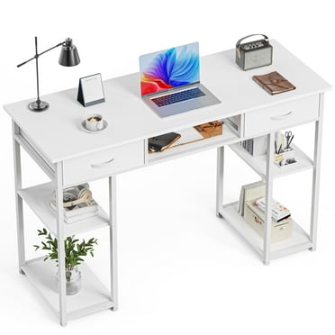 edx Small Desk Fabric Drawers & Storage Shelves, Home Office Computer Desk, Writing Desk Small Space Desk Study Table for Home, Bedroom, 48 Inch, White