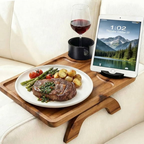 EDX Acacia Wood 3-in-1 Sofa Tray Table, Rotating Phone Holder and Cup Slots for Couch and Bed, Brown