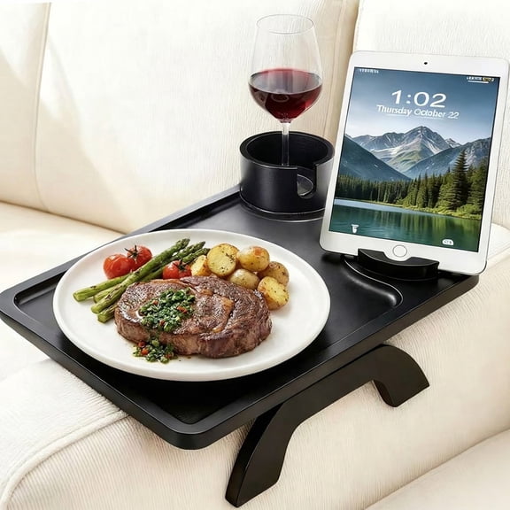 EDX 3-in-1 Couch Side Table, Acacia Wood Tray with Phone Holder and Cup Slots for Sofa, Bed and Recliner, Black