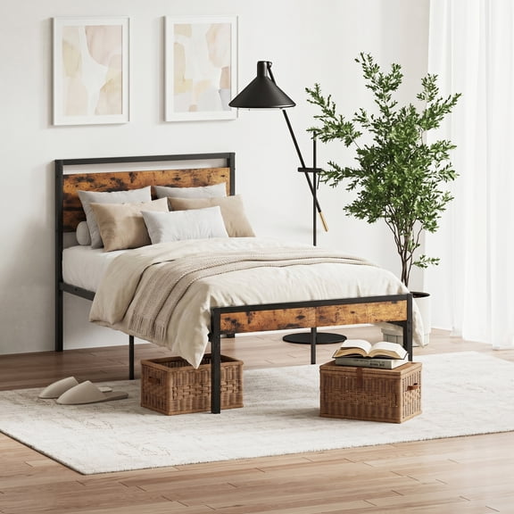 edx Twin Bed Frame, Heavy Duty Metal Platform Bed with Wooden Headboard, 1000-LB Capacity, Under-Bed Storage, No Box Spring Needed, Rustic Brown
