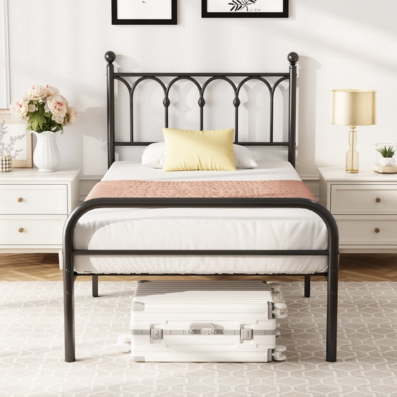 edx Twin Size Classic Metal Platform Bed Frame with Headboard, Heavy Duty Steel with Under Bed Storage, No Box Spring Needed