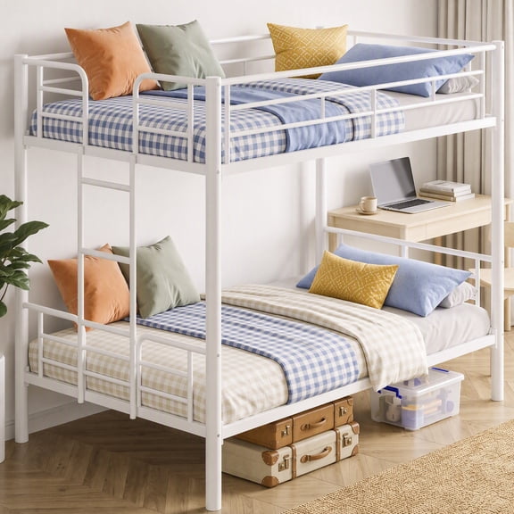 edx Twin Over Twin Metal Bunk Bed with Stairs & Safety Guardrails, Heavy-Duty Steel Frame, No Box Spring Needed, Space-Saving Bunk Beds, White