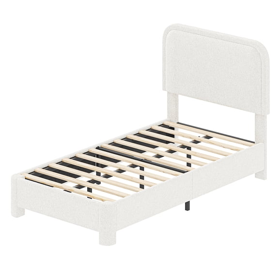 edx Twin Size Platform Bed Frame with 2-Height Adjustable Teddy Fleece Upholstered Headboard and Wooden Slats Support, No Box Spring Needed, Easy Assembly, Modern Bedroom Furniture, Beige